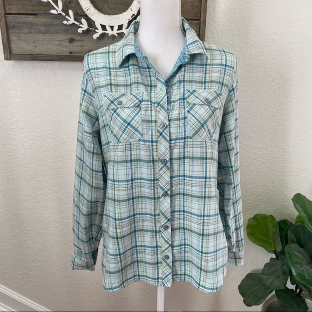 Marmot blue plaid button down shirt ladies size L